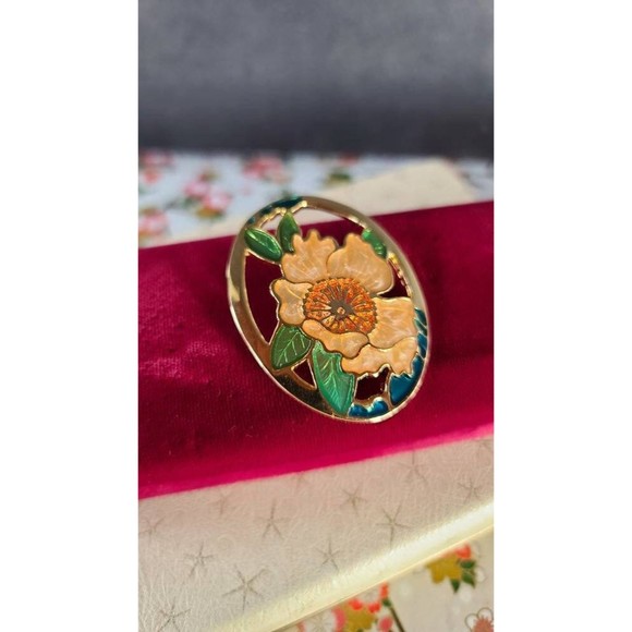 Vintage Cloisonne Cutout Floral Brooch - Picture 6 of 10